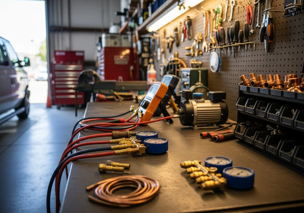 HVAC technician tools and equipment on a work bench, representing professional heating and cooling service readiness.