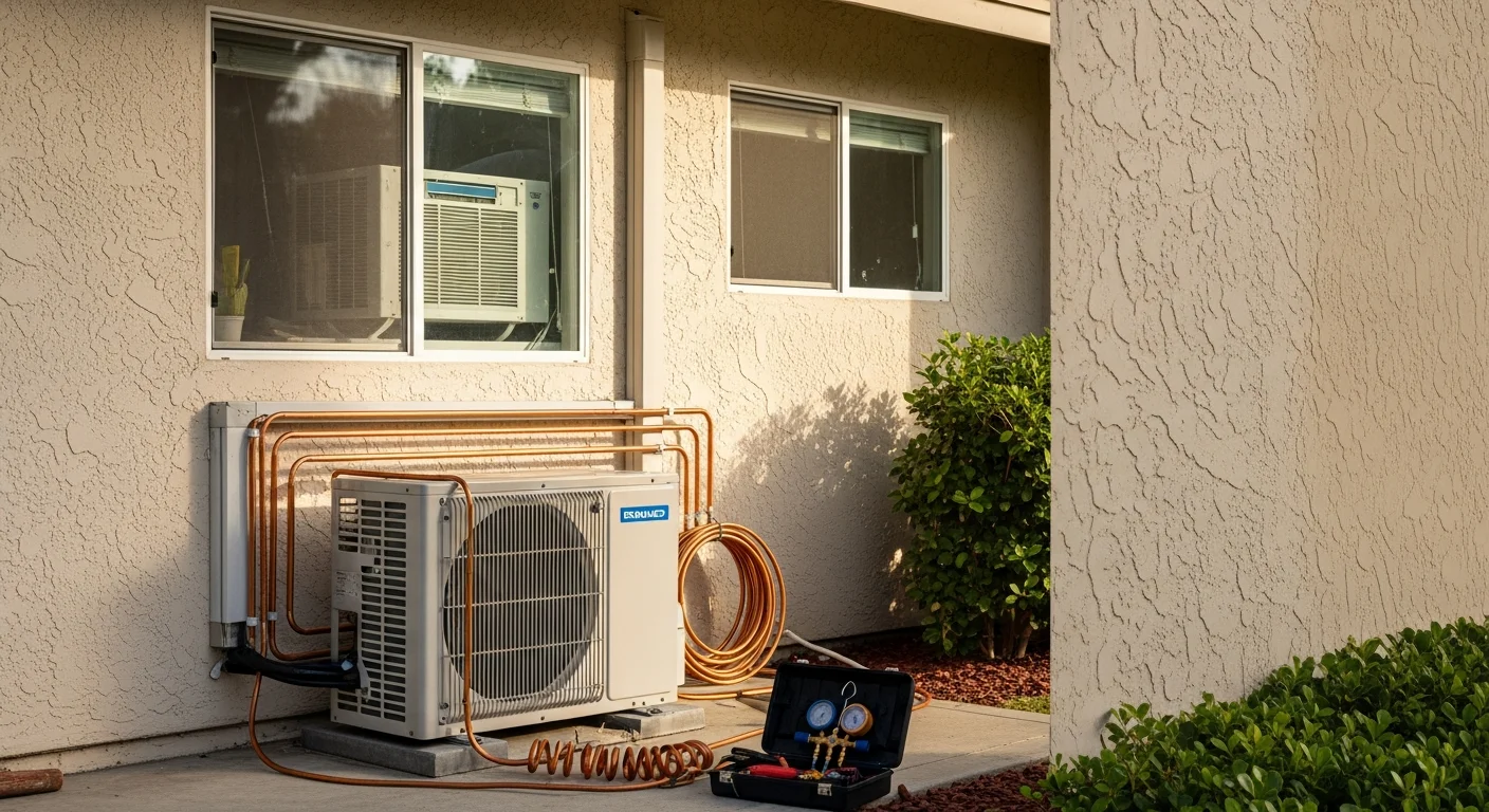 Air conditioning unit installed on exterior of residential home