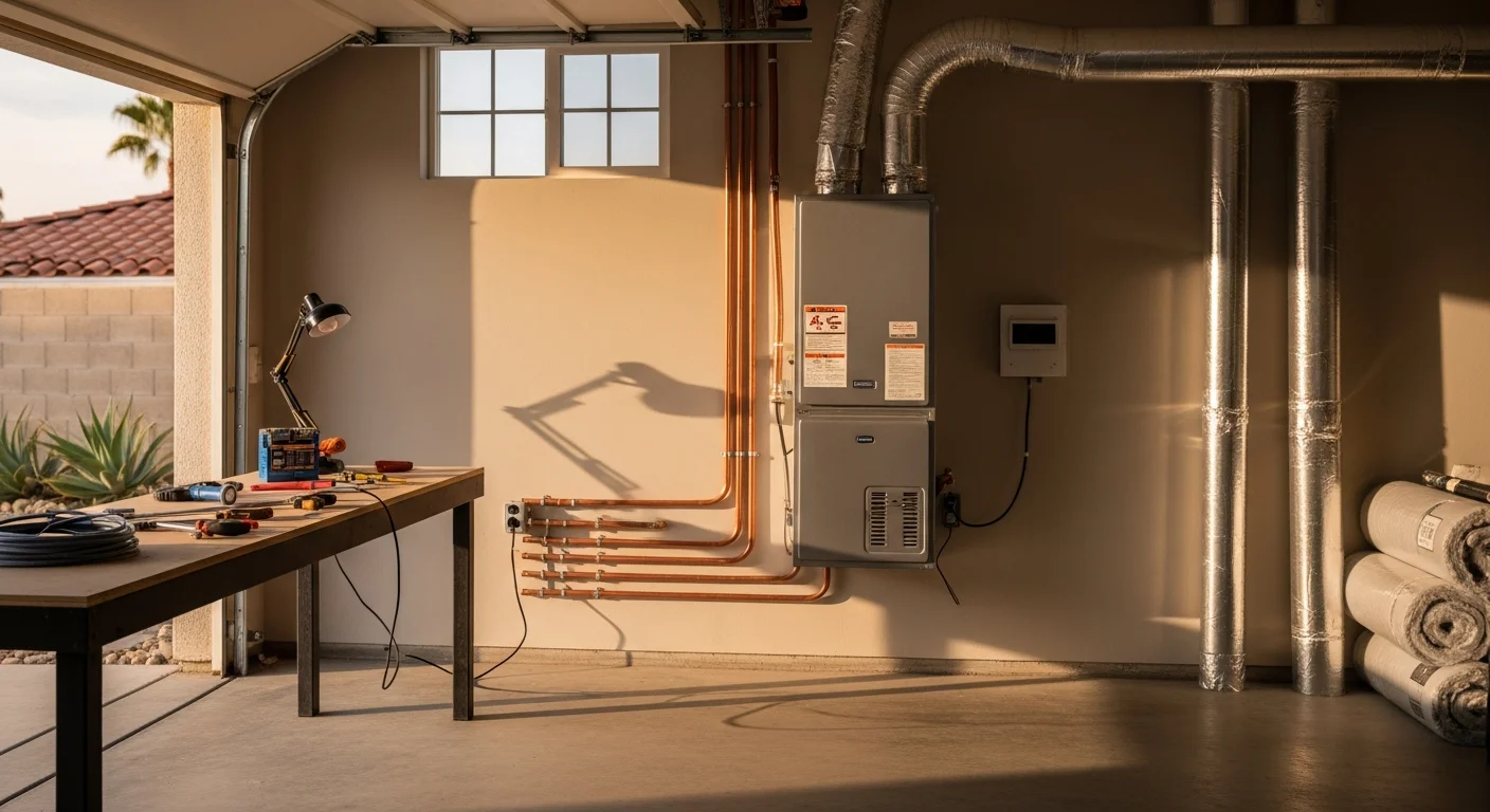 Heating system technician performing maintenance on residential furnace