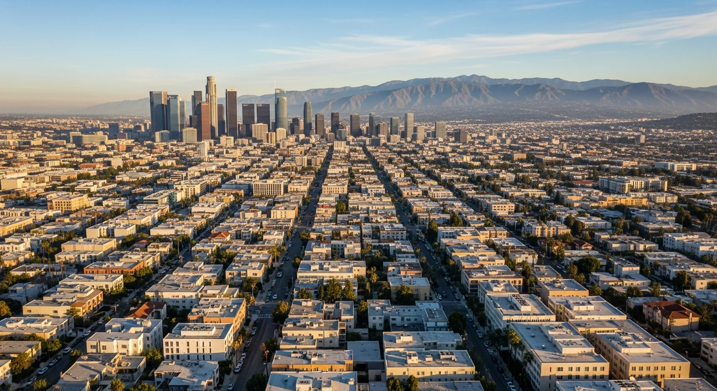 Aerial view of Los Angeles cityscape showing downtown towers, residential neighborhoods, and distant mountains under clear sky.