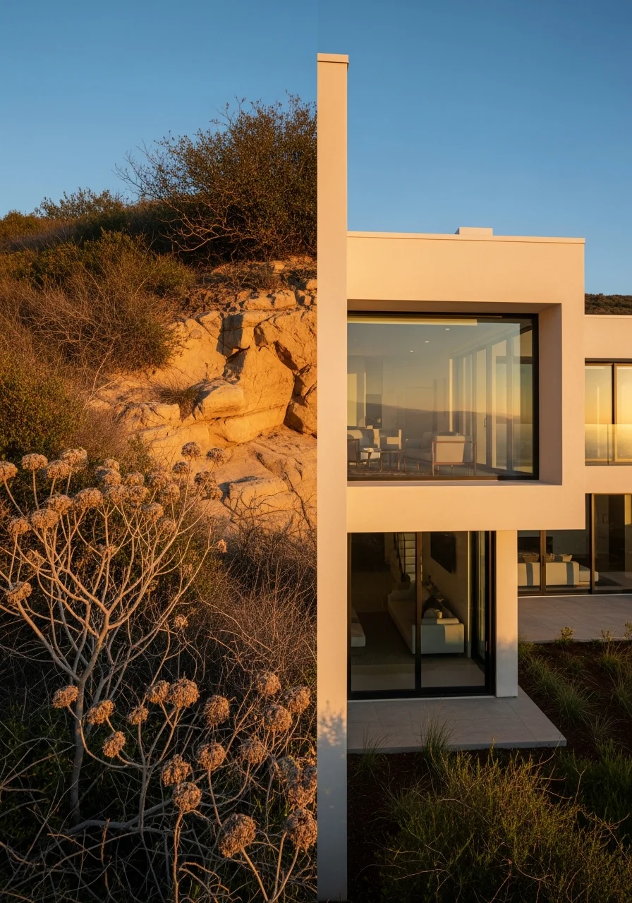 Malibu residential architecture set against hillside landscape with native vegetation and coastal backdrop.