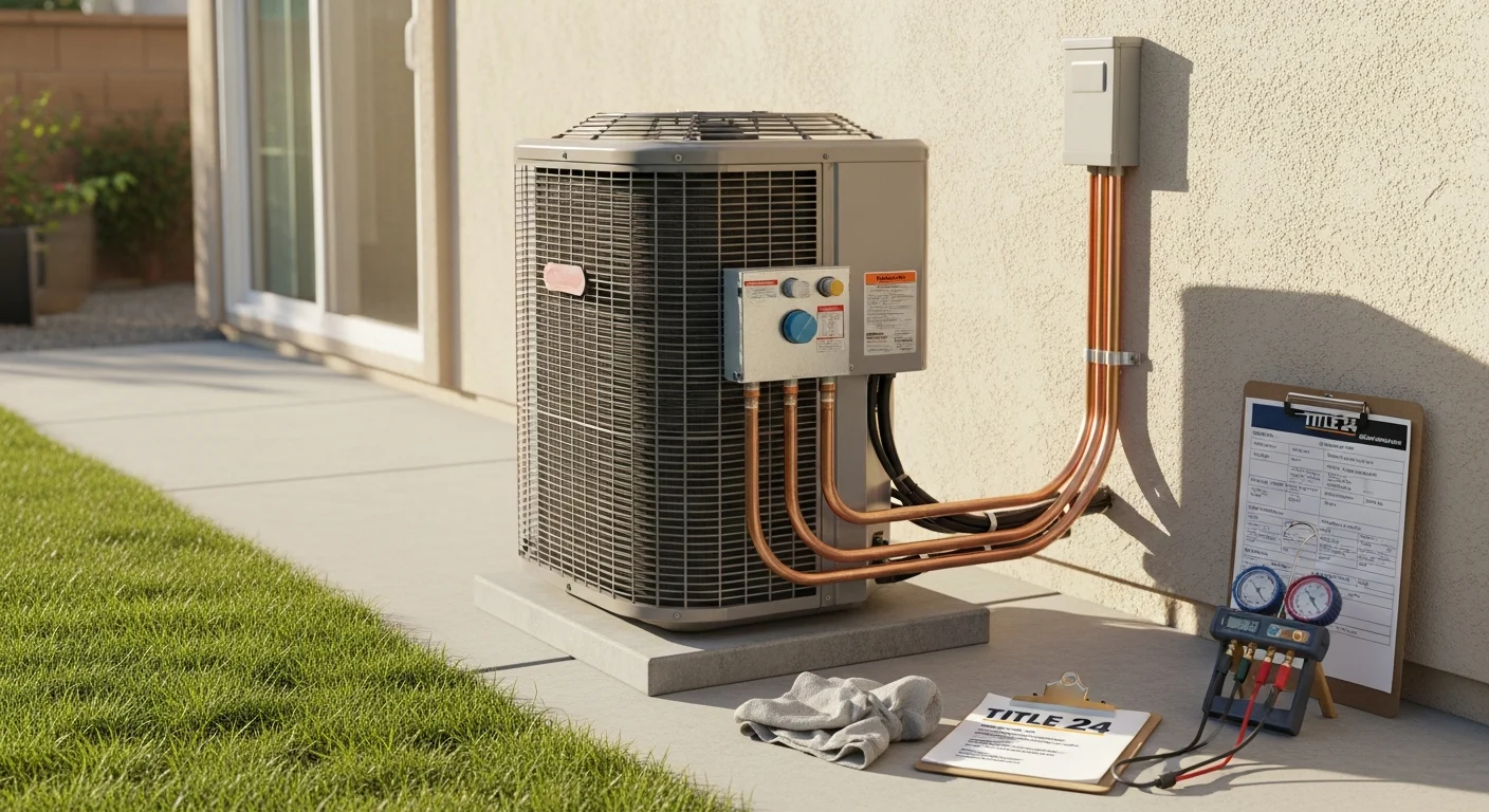 An HVAC technician completing an outdoor air conditioning unit installation at a single-family home in Los Angeles. The unit is mounted on a concrete pad beside a stucco exterior wall, with refrigerant lines running into the structure.