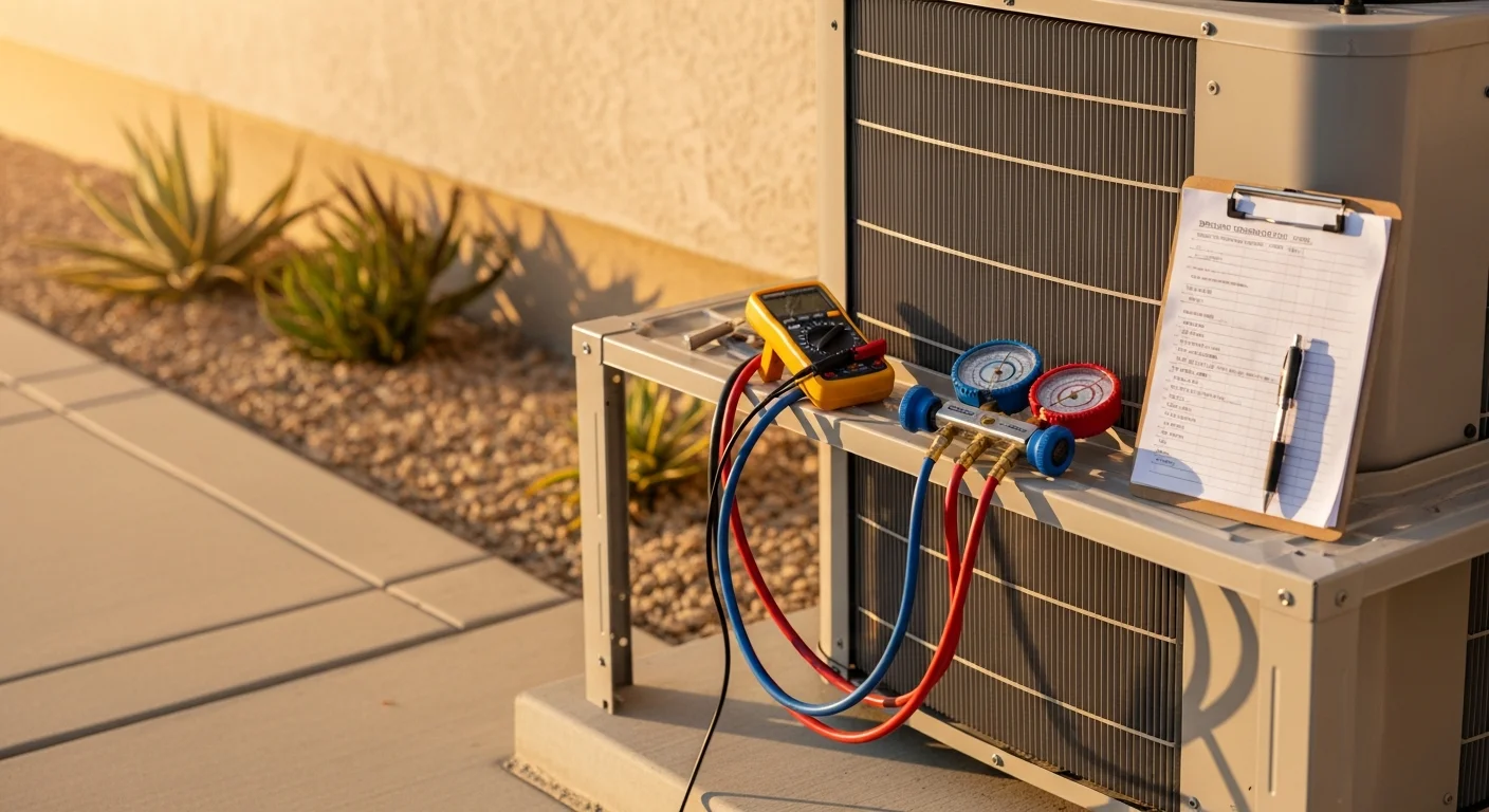An HVAC technician inspecting and cleaning the condenser coils of a central air conditioning unit at a residential property in Los Angeles. The outdoor unit sits on a concrete pad beside a stucco-sided home typical of the greater LA area.