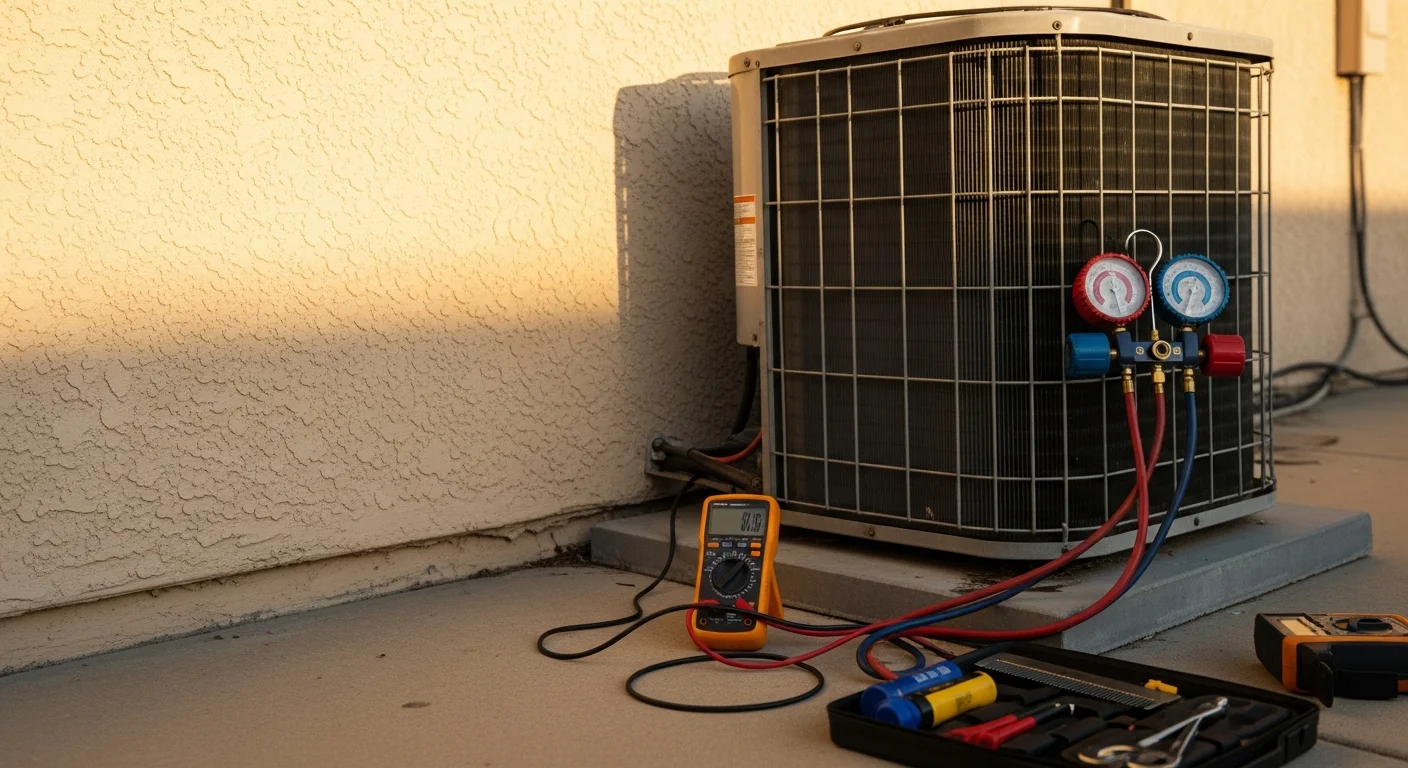 An HVAC technician inspecting an outdoor air conditioning unit at a residential property in Los Angeles. The technician is checking internal components during a repair service call on a sunny day.