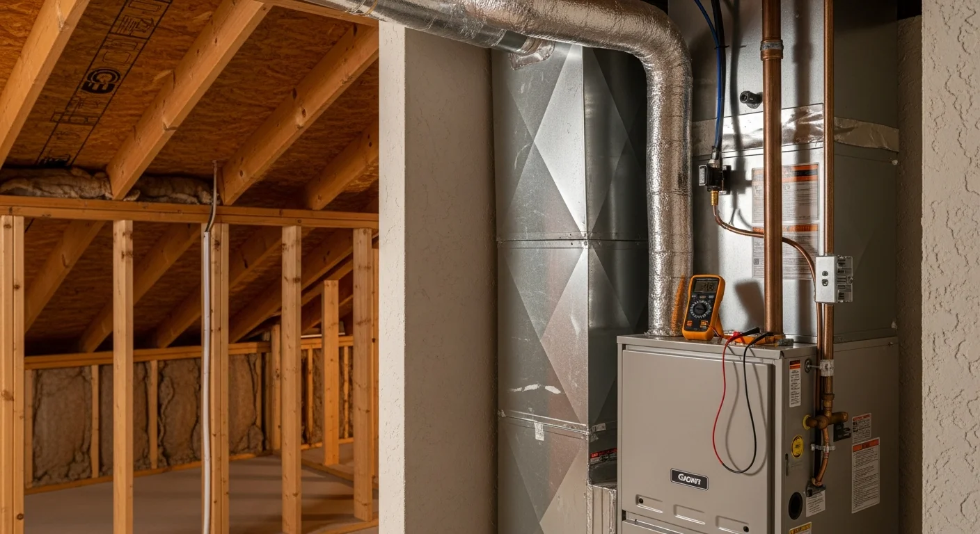 A technician from Air Conditioning & Heating Mechanical Masters Inc. completing a heating system installation inside a residential home in Los Angeles. The unit is mounted in a utility closet with visible ductwork connections and a thermostat control panel on the adjacent wall.