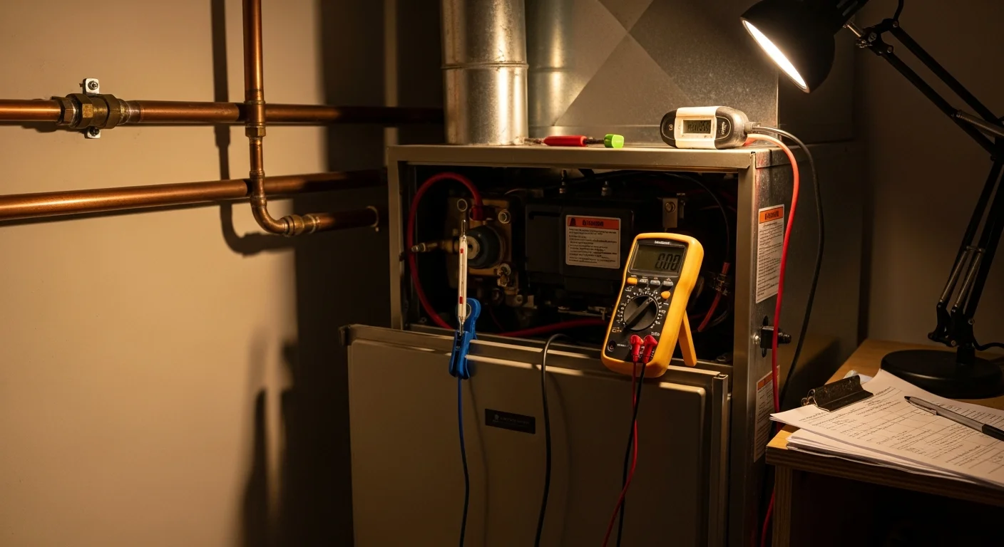 A heating system technician inspecting an indoor heating unit inside a Los Angeles home. The technician examines internal components as part of a diagnostic repair visit.