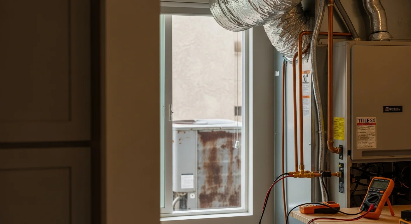 A heating system replacement in progress inside a Los Angeles home, showing a new heating unit being installed in a utility area with visible ductwork connections. A technician from Air Conditioning & Heating Mechanical Masters Inc. works on the installation in a residential setting typical of the greater Los Angeles area.