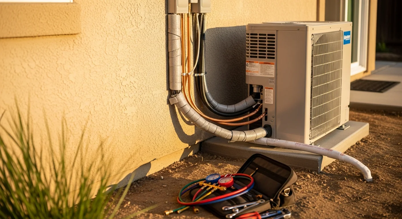 A ductless mini split indoor air handler mounted on the wall of a Los Angeles living room, with a compact outdoor condenser unit installed on the exterior wall of a residential property.